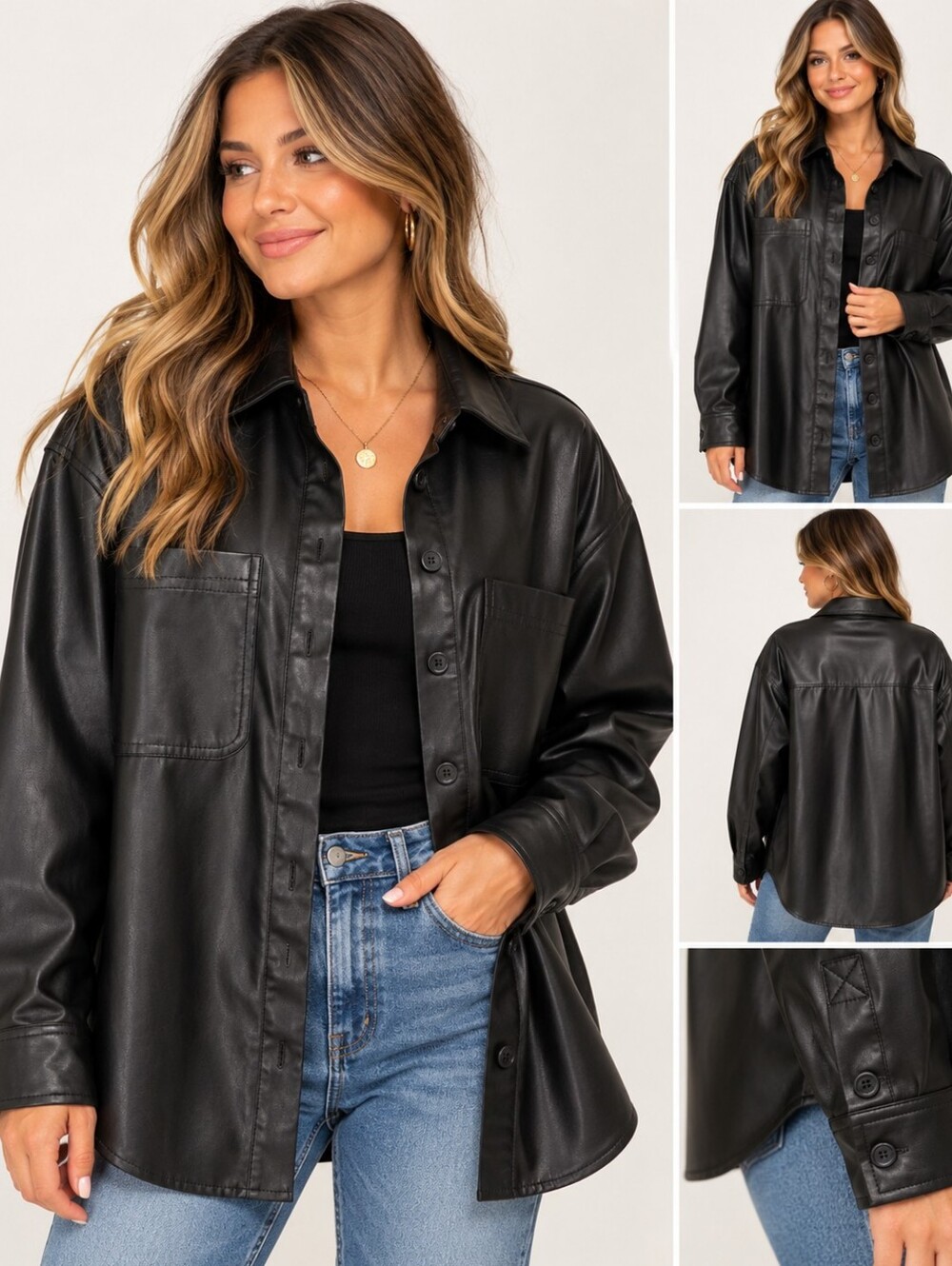 American Eagle Faux Leather Oversized Shirt Jacket Shacket Black L NWT